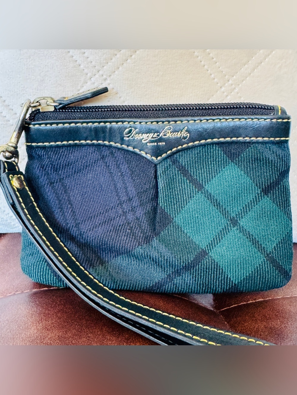 Dooney & Bourke Buffalo Plaid Wristlet Black Green Canvas Leather Zip Pouch